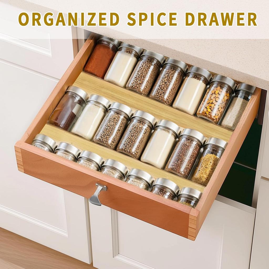 Bamboo Spice Rack For Drawer, 4 Tier Stackable Seasoning Storage Organizer Insert,for Kitchen Condiments Storage Insert(Jars Not Included,9.4"