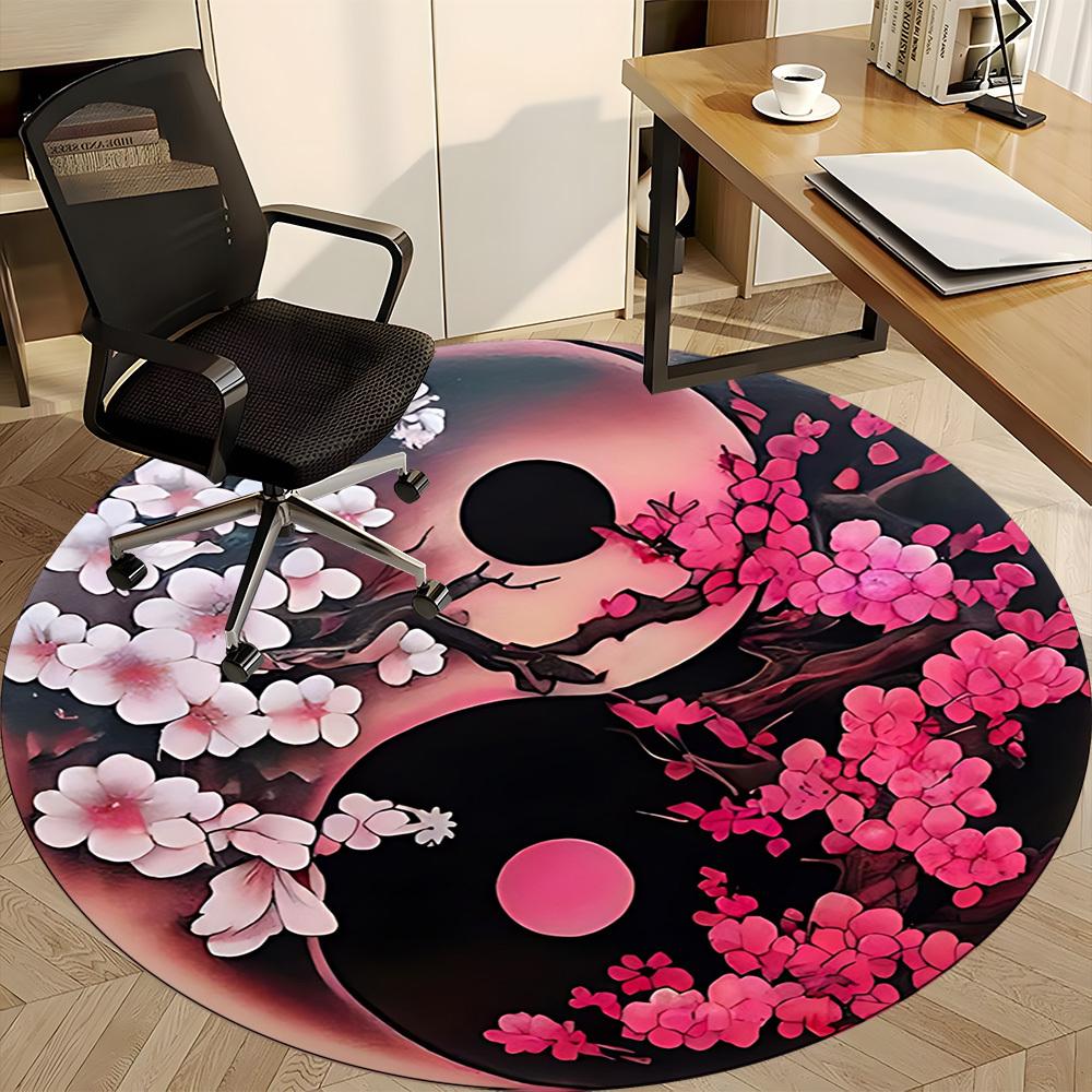 1PC Cherry Blossom Yin Yang Office Round Rug, Non slip, Soft and Durable Office Rug for Interior Decoration, Perfect for Office