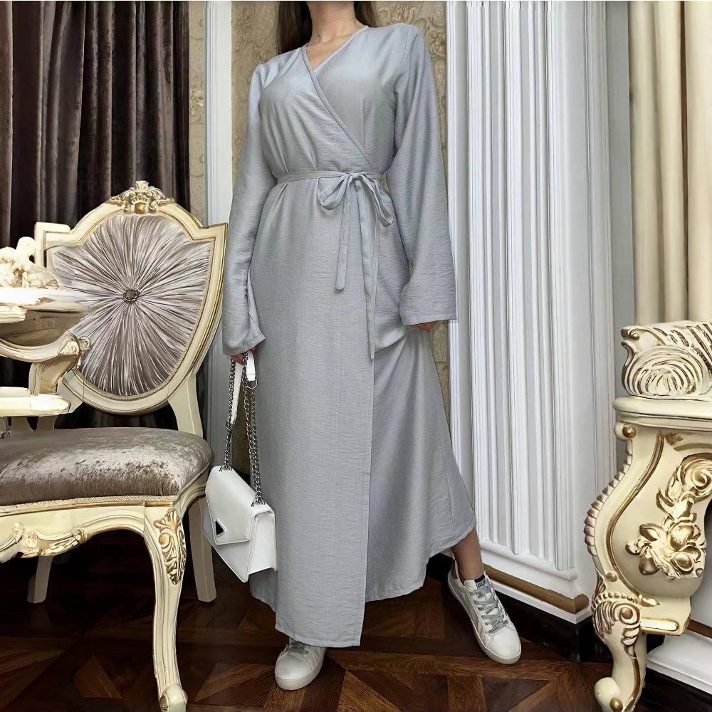 LYRIA Fashionable Pure Color Belted Slimming Long Dress New Women's Clothing One Piece Dress Stylish Wraparound
