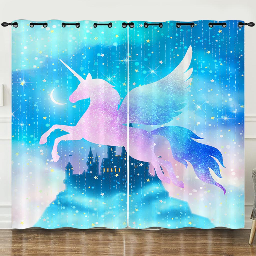 Curtain Flower Unicorn Color Gradual Change 3D Digital Printing Blackout Curtain Punching