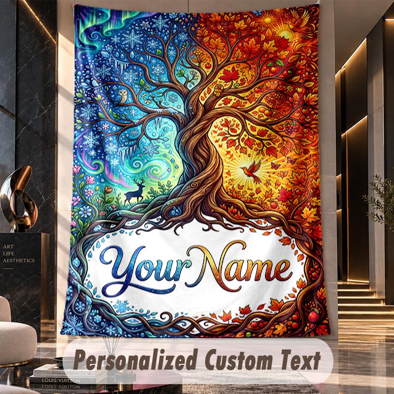 Tree Life Seasons Theme Wall Tapestry Customized With Name Text Personalized Hanging Tapestry For Bedroom Living Room Decor