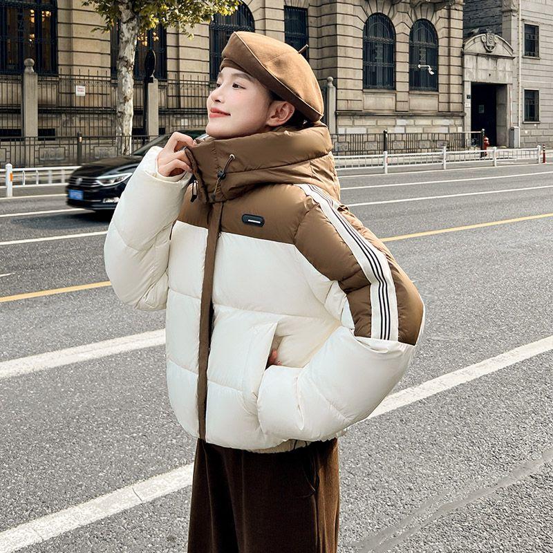 Fashion Color Block Short Cotton Coat Women Hooded Loose Winter Korean Jacket Thick Outwear