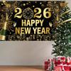 Black and Gold New Years Eve Party 2026 Banner, Large Happy New Year 2026 Banner, NYE Celebration Party Decoration for Friends, Family, Fireplaces,