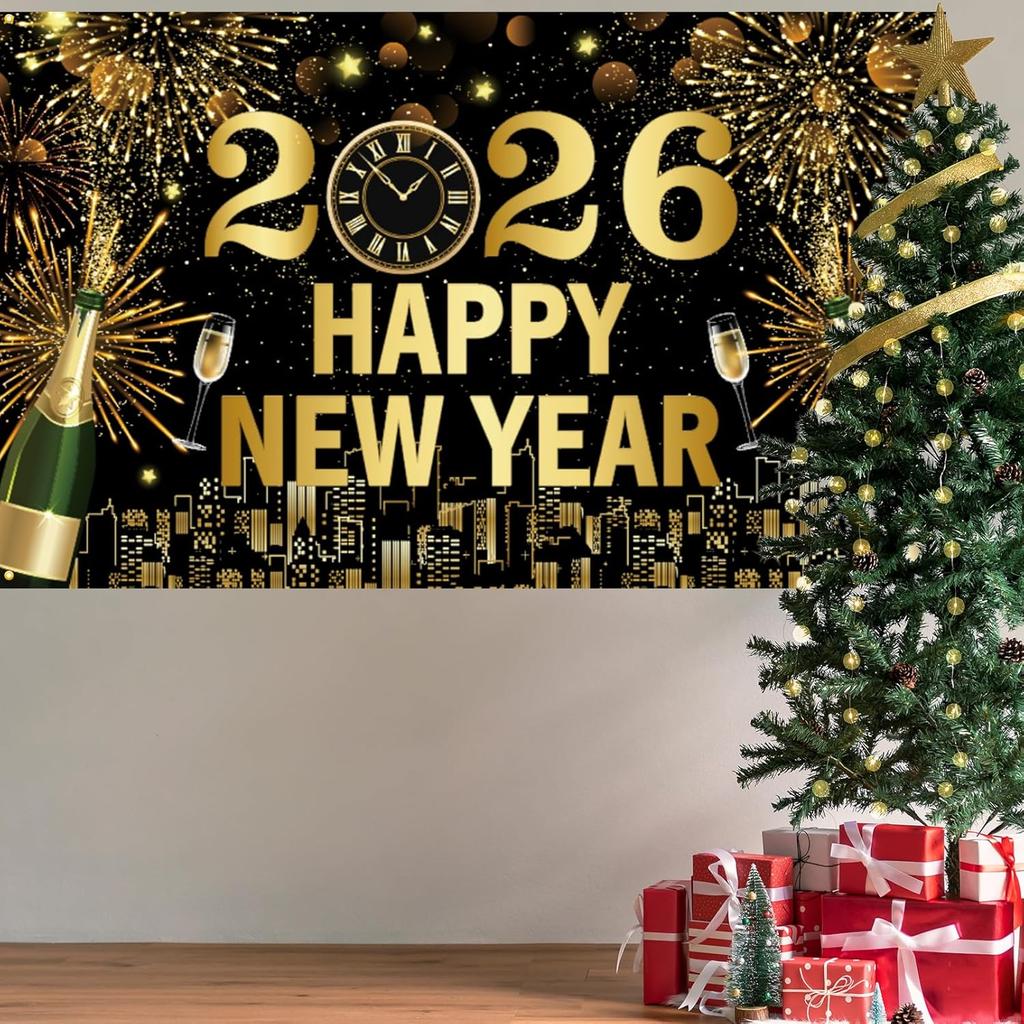 Black and Gold New Years Eve Party 2026 Banner, Large Happy New Year 2026 Banner, NYE Celebration Party Decoration for Friends, Family, Fireplaces,