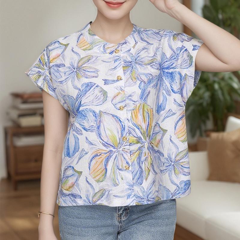 

ZANZEA Женская летняя блузка с круглым вырезом, свободная, с коротким рукавом и принтом 5XL синий