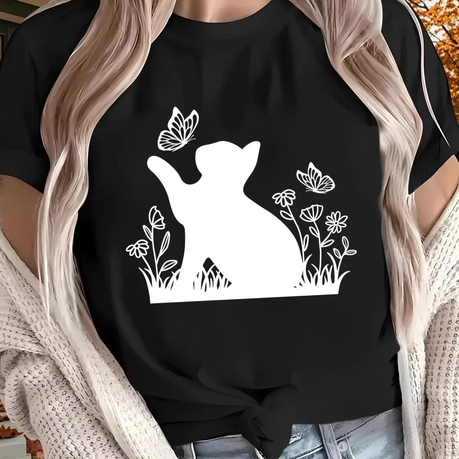 

O-neck Butterfly and Cat Flower Pattern Creative Printing Summer s Top Short Sleeve Funny Casual s Summer Clothing S чёрный