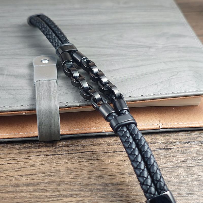 Men's Leather Cuban Chain Style Bangle Stainless Steel Braided Magnetic Buckle Punk Bracelet Homme Hand Accessories Jewelry Gift