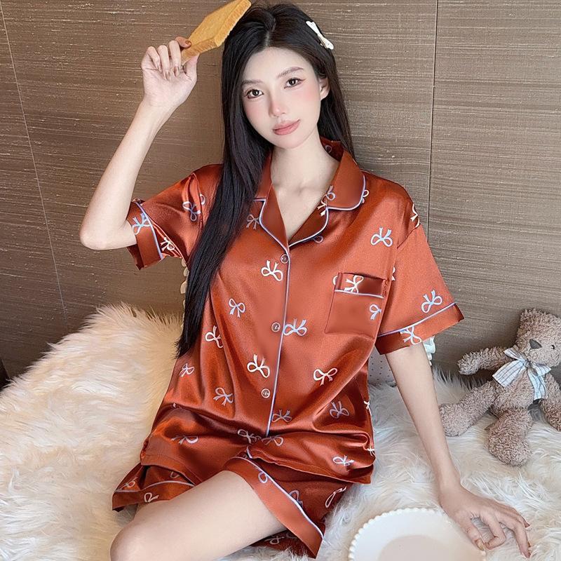 French Girl Summer Ice Silk Pajamas Short-Sleeved Set Bow Cool Silk Loungewear M