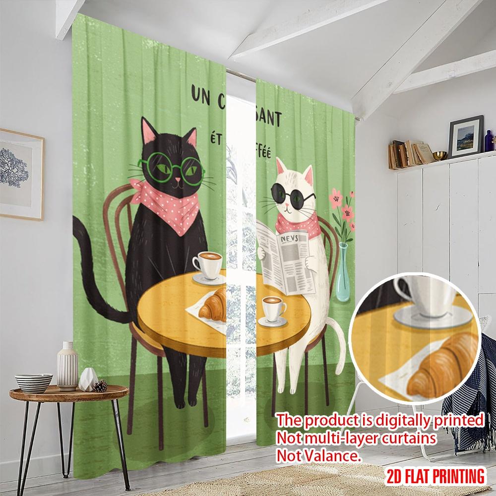 2pcs 2D flat printing Window Curtains Cute Cats Croissant Cafe Fabric Without Electricity Festive Curtains Perfect for General