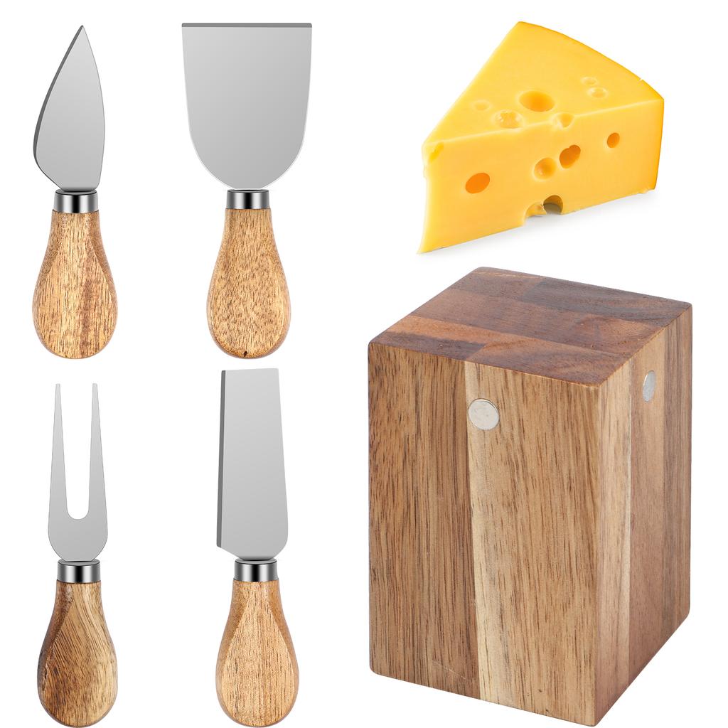 Cheese Cutter Set Stainless Steel Cheese Knives Utensils with Wood Holder Cheese Board Butter Spatula Fork Kitchen Cheese Tools