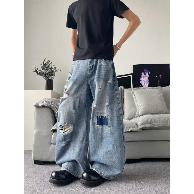 High-Waisted Distressed Straight Leg Jeans Men Women Loose Wide-Leg Denim Pants With Contrast Stitching