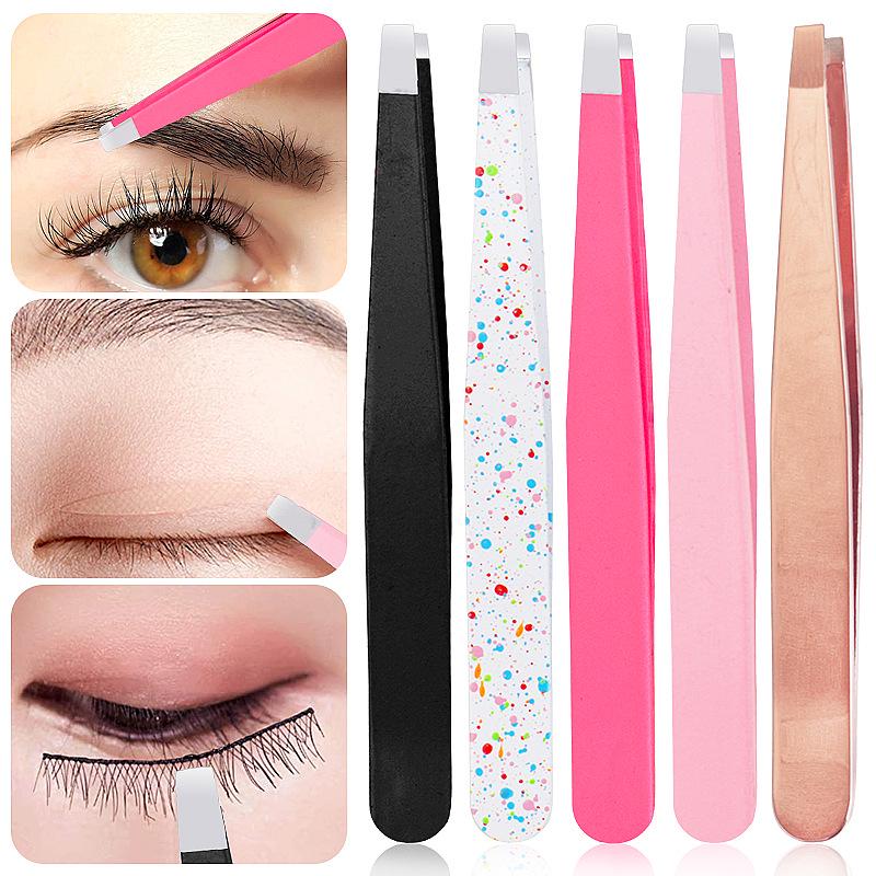 Stainless Steel Slanted Flat Head Eyebrow Tweezers for Multi-functional Hair Removal