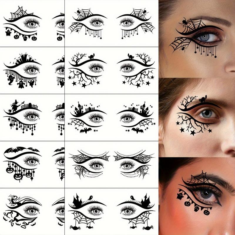 10PCS Halloween Eyes Temporary Tattoo Sticker,Black Spider Web Pumpkin Ghost Black Cat Witch Bat Spider Pattern, Facial Eye Makeup Fake Tattoo Sticker
