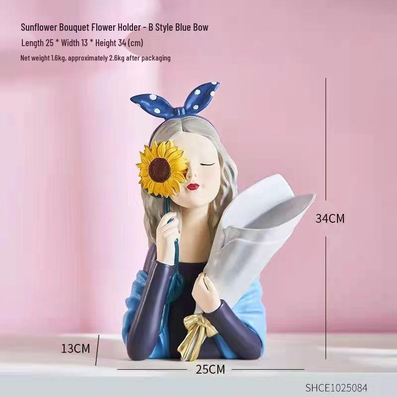Sunflower Girl Bouquet Creative Ornament - Girly Heart Art for Nordic Living Room or Desktop Vase
