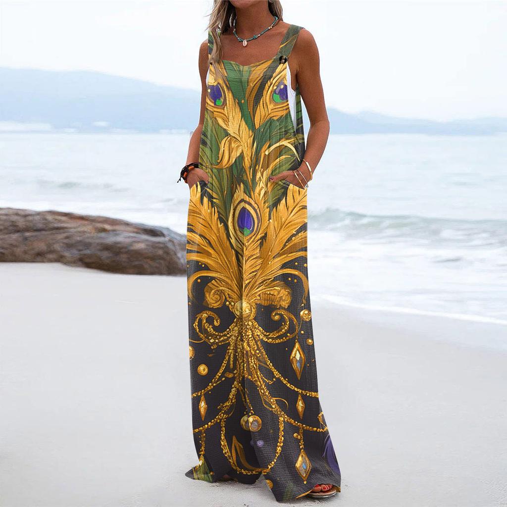 Wide Leg Overalls For Women Casual Loose Sleeveless Print Button Long Pant Romper Jumpsuit With Pockets