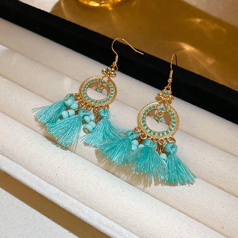Boho Niebieskie Długie Kolczyki z Frędzlami Damskie Premium Świąteczne Wietrzne Haczyki na Uszy Retro Etniczne Wietrzne Kolczyki