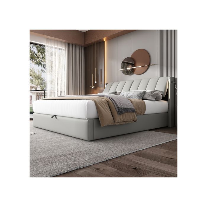 Lit capitonné - Binaural LED - 180 x 200 cm - Tête de lit réglable - Matériau PU gris