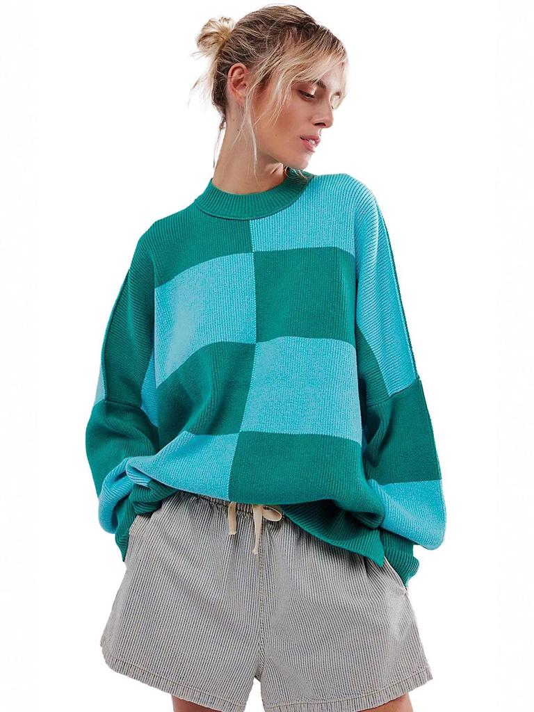 2025 Women's European & American Plaid Color Block Round Neck Sweater: Autumn/Winter Loose Drop Shoulder Knit Pullover