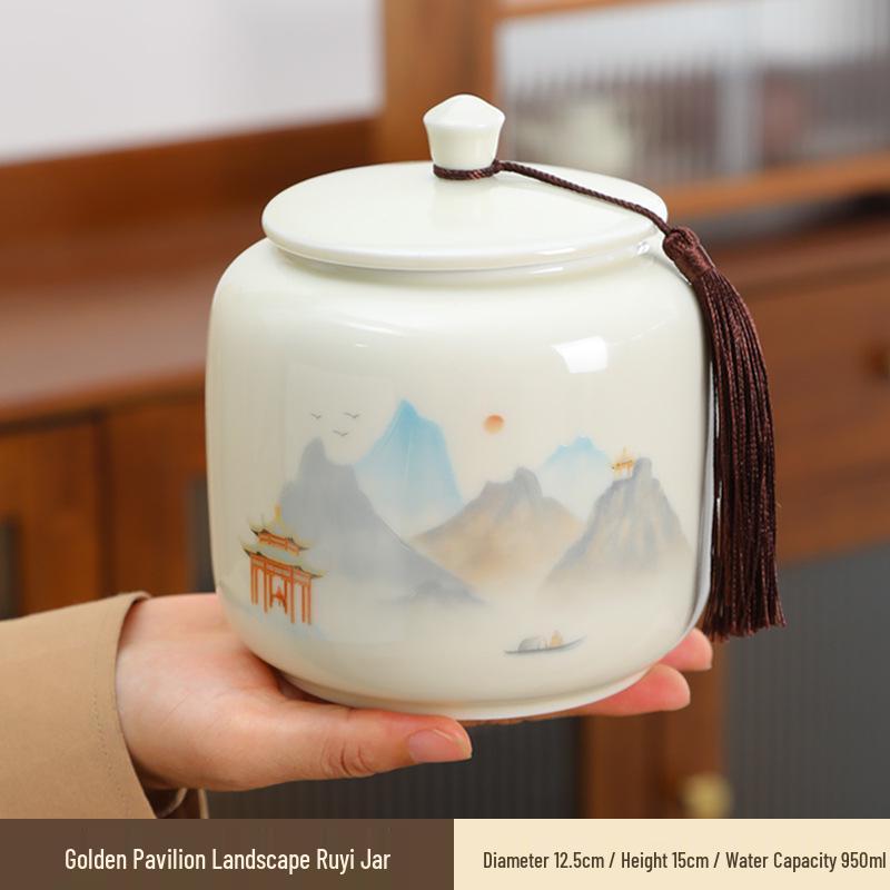 Large Ceramic Tea Storage Canister for Red, Green, Longjing, Biluochun, and Pu'er Tea - Half Jin Capacity