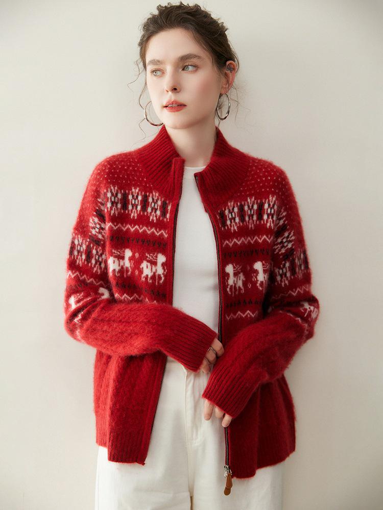 Cárdigan de cachemir con cremallera y jacquard para mujer Otoño/Invierno 2026 con cuello semi-alto