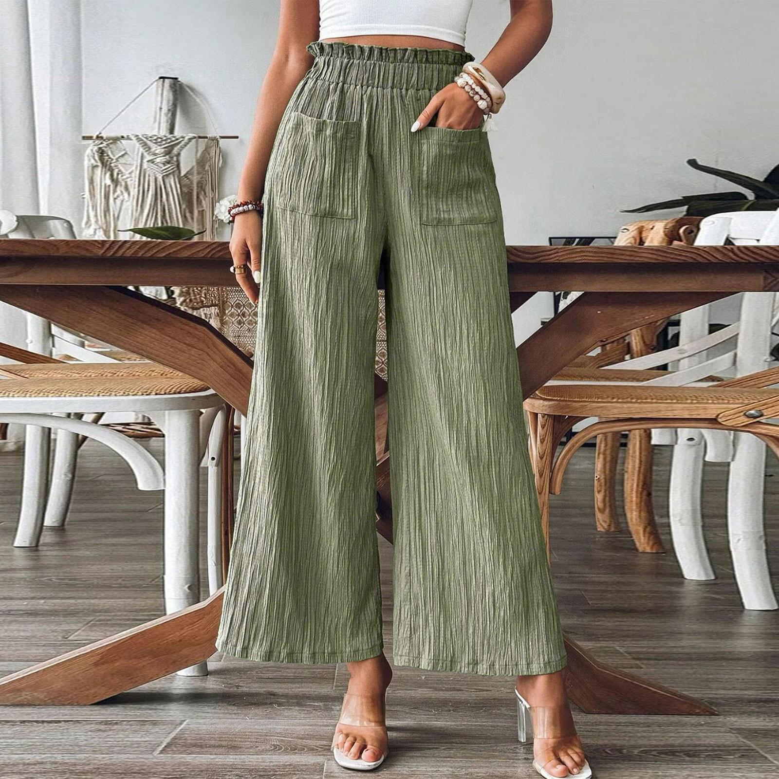 

Women s Casual Lightweight Belted Color Pleated Straight Pants XL зелёный
