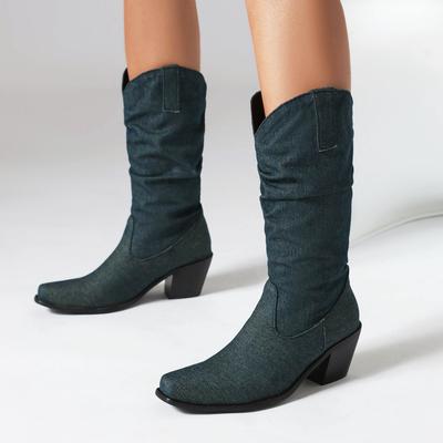 Western Style Cowgirl Slouch Boots For Women Mid Calf Cowboy Pleated Denim Boots Blue Chunky Heel Shoe 2024 Spring Fall Footwear