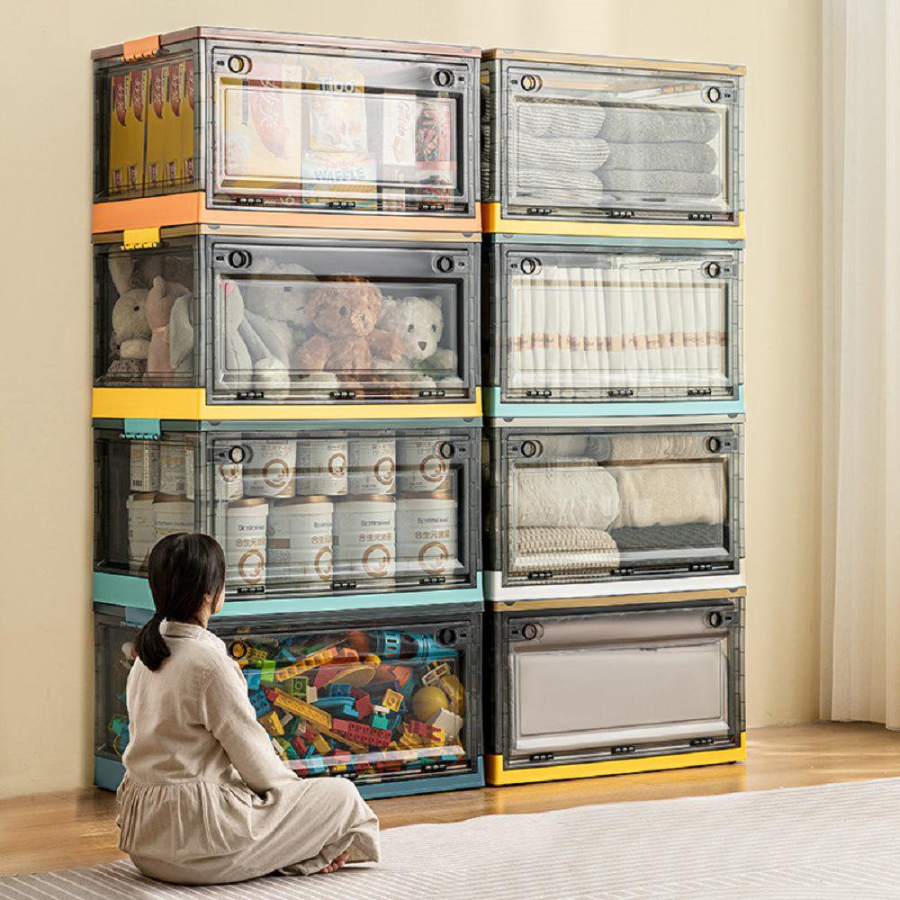 Three-Door Large Plastic Storage Box with Wheels for Living Room