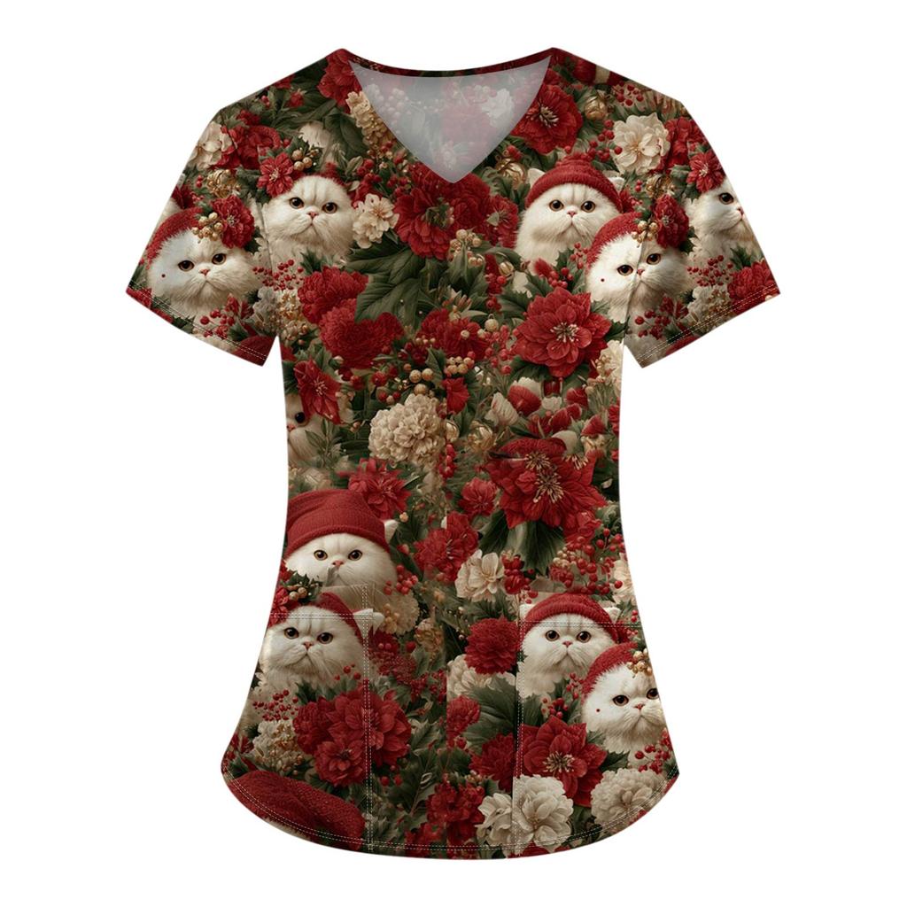 Women's Fashion Printed Short Sleeve V Neck Pattern Tops Pocket Working T-shirts