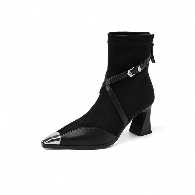 205 autumn and winter new pointed thin small short boots British style fashion versatile thick heel one pedal high heel thin boots