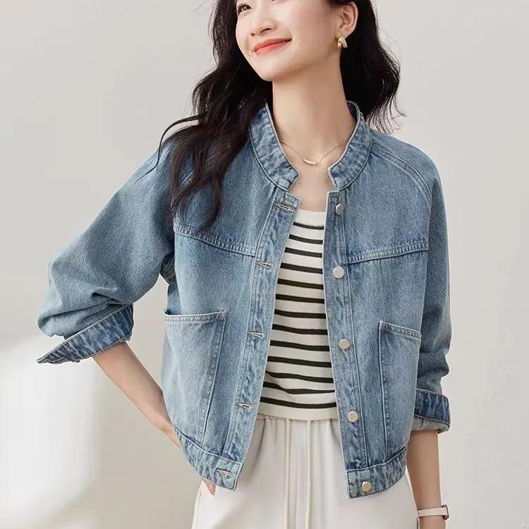 Women s Vintage-Washed Denim Short Jacket with Stand Collar and Long Sleeves for Spring/Fall S