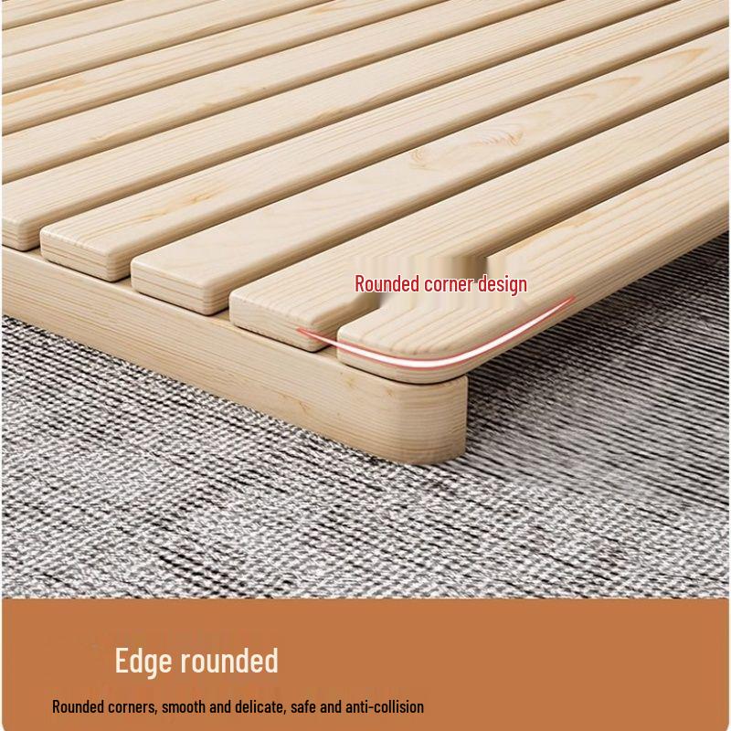 Japanese Tatami Solid Wood Moisture-Proof Low Bed with Slat Base - No Headboard, Double Floor-Standing Simple Platform Design.