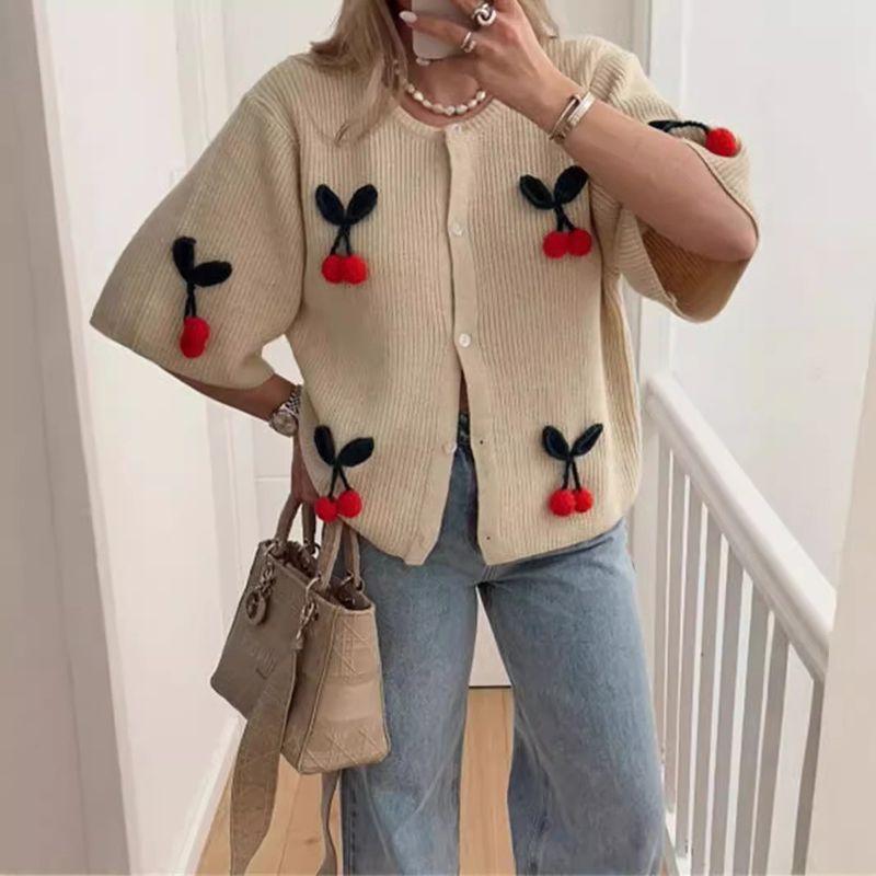 European and American Personalized 2024 Cherry Decoration Pure Color Sweet Round Neck Knitwear Loose Leisure All-Matching Cardigan Top