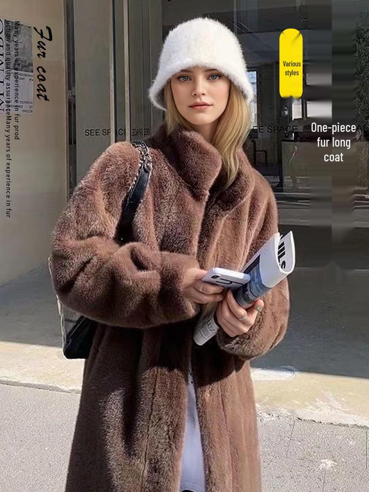 Autumn/Winter Long Stand-Collar Leather and Fur Socialite Wool Coat