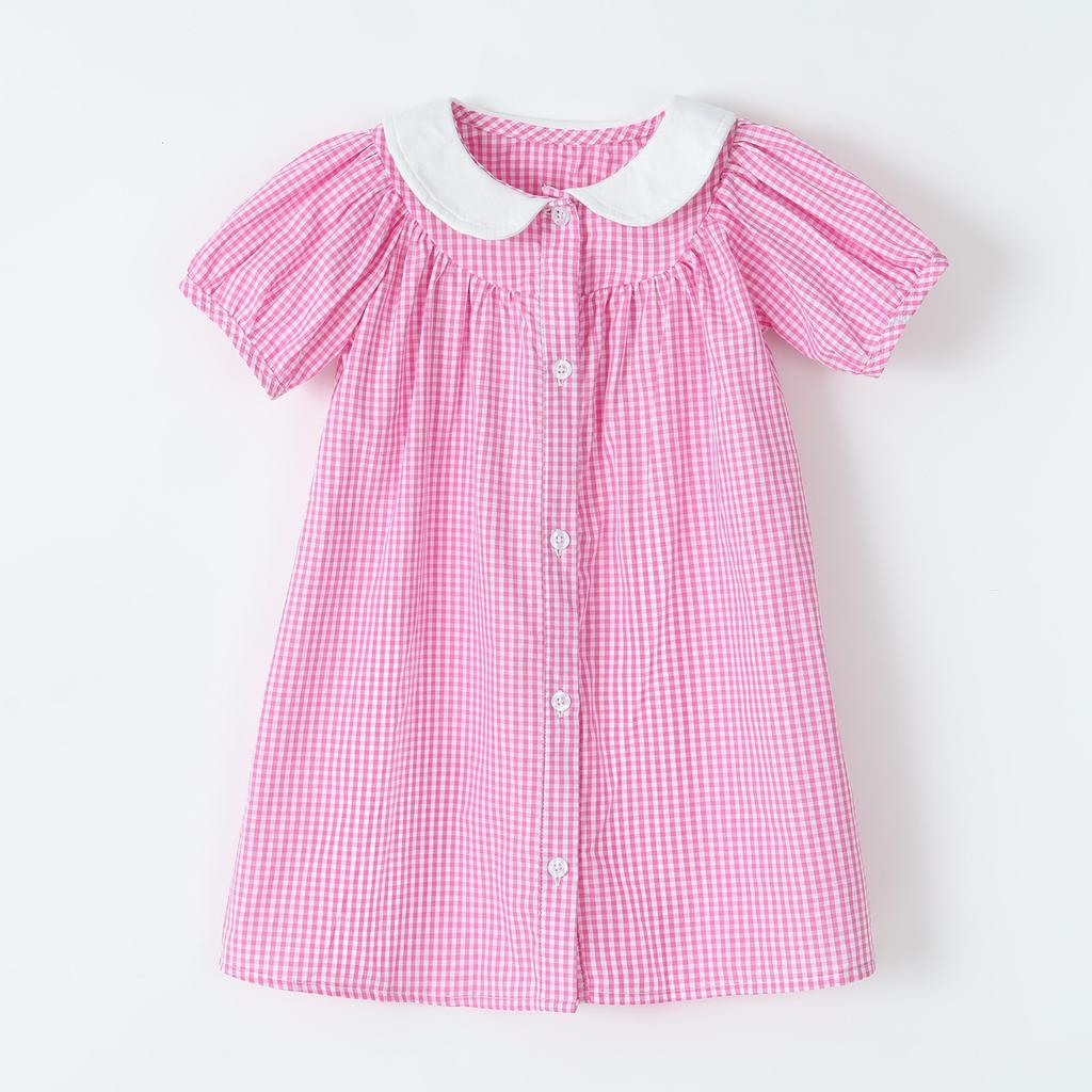 Children'S College-Style Fashionable Plaid Short-Sleeve Woven Cotton Summer Dress