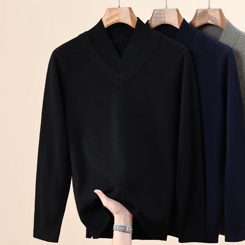 Hengyuanxiang Men's Autumn/Winter 100% Wool Faux Two-Piece V-Neck Sweater