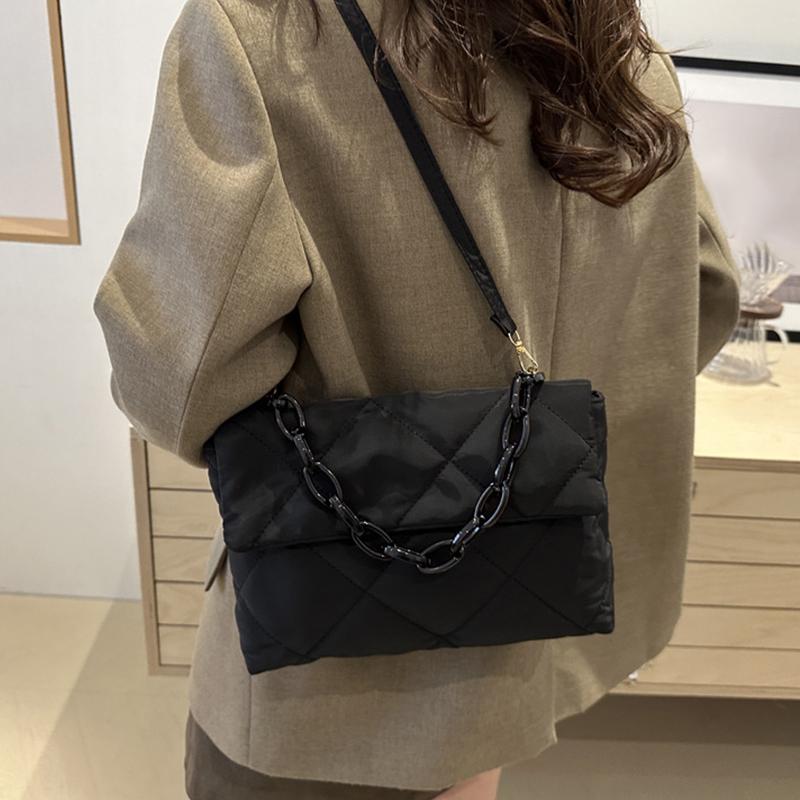 Geantă de mână matlasată de iarnă, căptușită cu bumbac, pentru femei, cu lanț, model rombic, designer, geantă din puf de pene, poșetă, genți tote de umăr pentru doamne