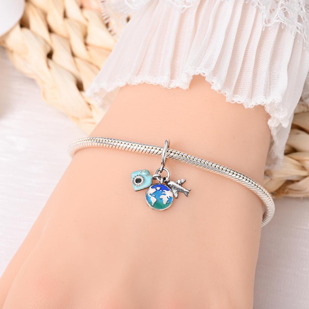 Original Copper Charms Luxury Blue Camera Pendant Travel Airplane Beads Fit Bracelet Diy Women Making Delicate Gift
