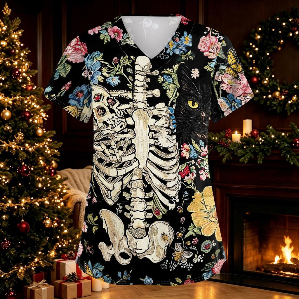 Women's Halloween V-Neck Short Sleeve Printed Caregiver Uniform Top with Pockets