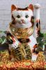 Cute Kutani Ware Maneki-neko Figurine, Size 8, Left-Handed, Oval, with Gold Calico Design and Brocade Cushion. Feng Shui Good Luck Decor. Ceramic