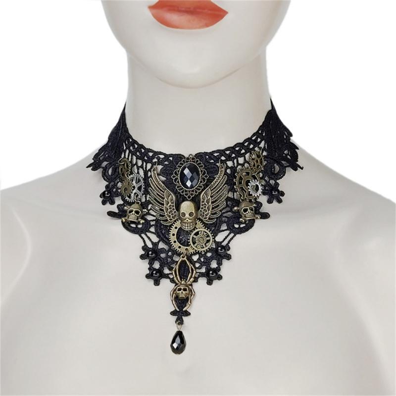 Gothic Lace Floral Choker for Women Choker Handmade Collar with Skull Gears Wing for Bachelorette Party Wedding