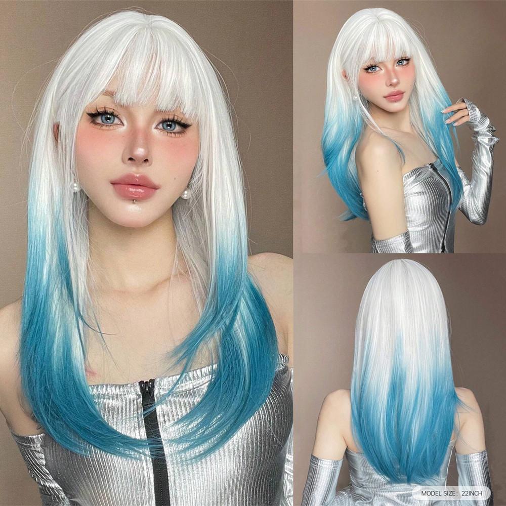 Ombré blond hnědé paruky na vlasy Dlouhá vrstvená rovná paruka s ofinou Přirozeně vypadající denní umělé vlasy Měkká tepelně odolná paruka