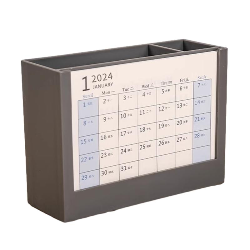 Multifunctional Desk Pencil Holder with 2024 Monthly Calendar, Office Desktop Organizer Pen Holder for Student Teacher