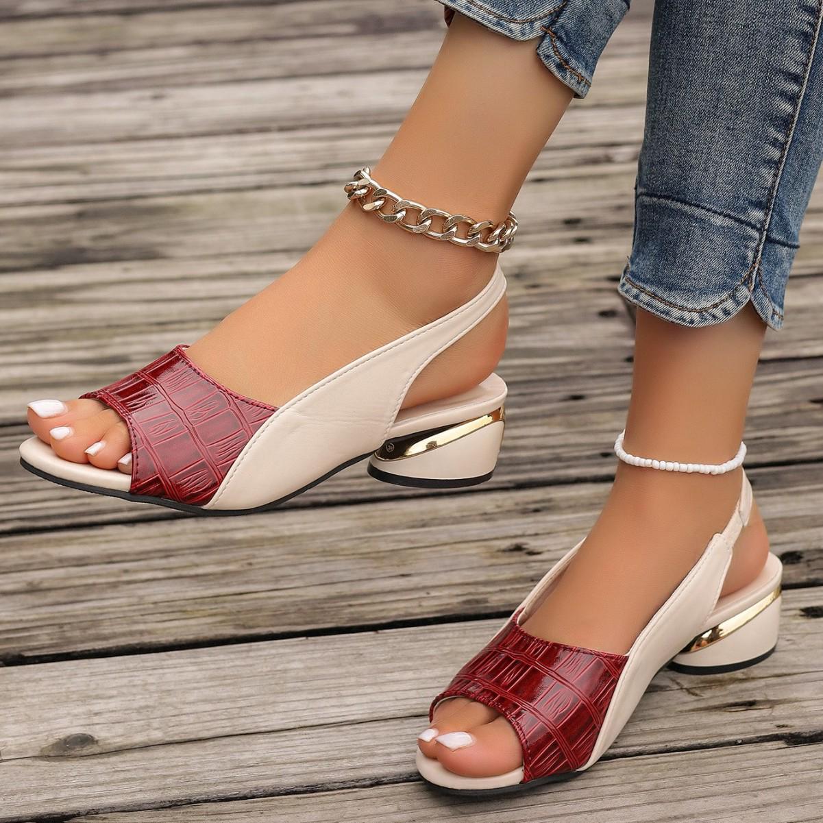 

2025 North American Style Plus Size Women s Patchwork Mid-Heel Sandals with Buckle Strap 40 вина червоного кольору