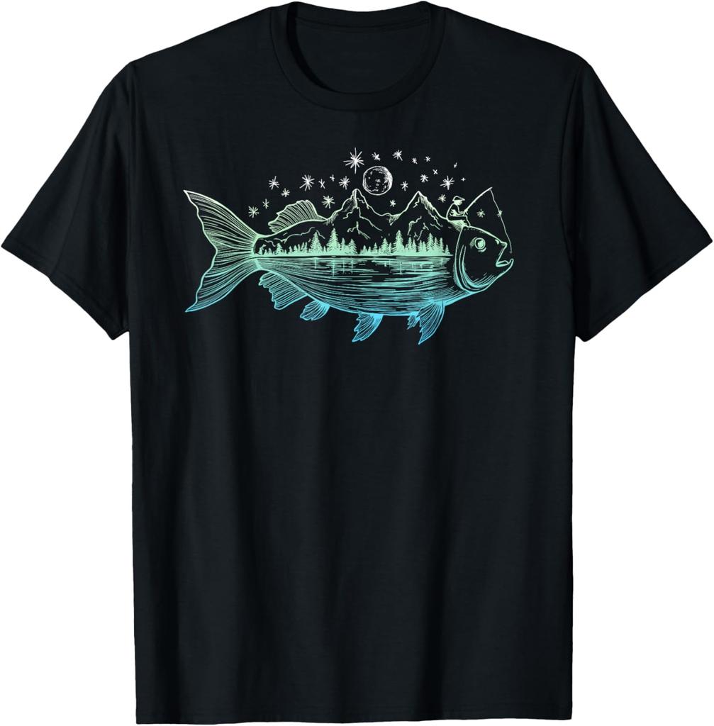 Cool Fish Shaped From Mountains Nature Scene Fishing TShirt Custom Printed Graphic T Shirts Customizable Ropa Hombre
