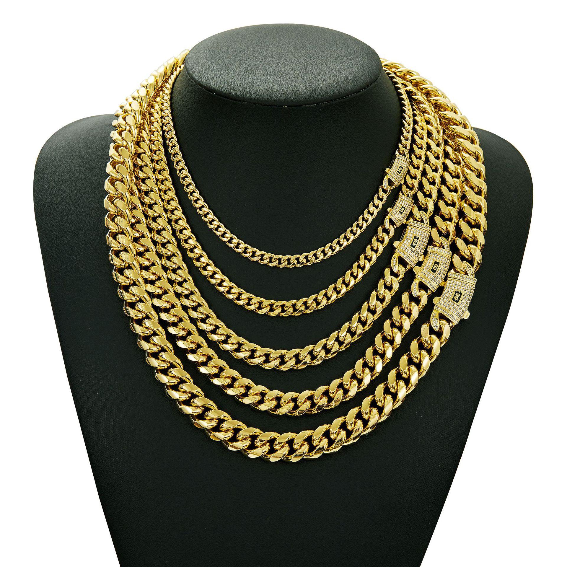 Men s Hip Hop 6-14mm Miami Cuban Chain Necklace 14K 18K Gold Plated Stainless Steel Monaco Cuban Link Gold Plated 6mm 16inch золотой