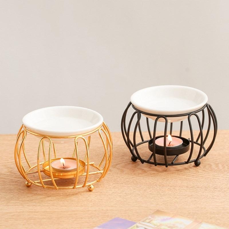 Decorative Essential Oil Burners with Hollowout Design and Ceramics Bowl Tealight Candle Holder Aromatherapies Diffuser