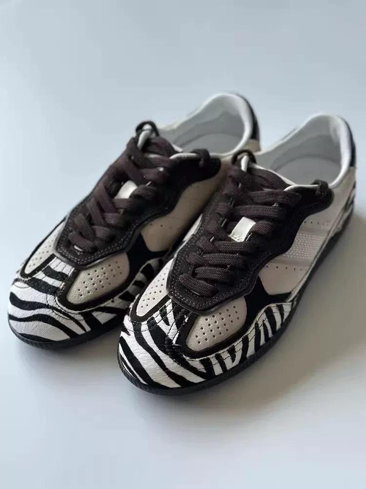 Sheepskin Version~ Zebra Pattern Niche Suede German Training Women's Round Head Lace-up Flat Bottom Color Matching Casual Sports Forrest Gump Shoes