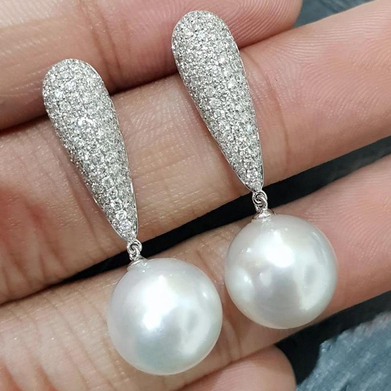Pave Small Stone Teardrop Top Round White Pearl Dangle Earrings Elegant Women Formal Jewelry