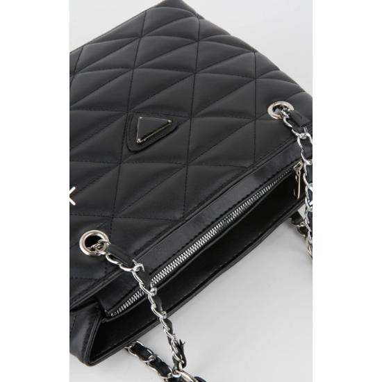 Crocos Black Quilted 3 Compartment Zipper Closure Lined Hand Arm And Shoulder Bag With Chain Strap