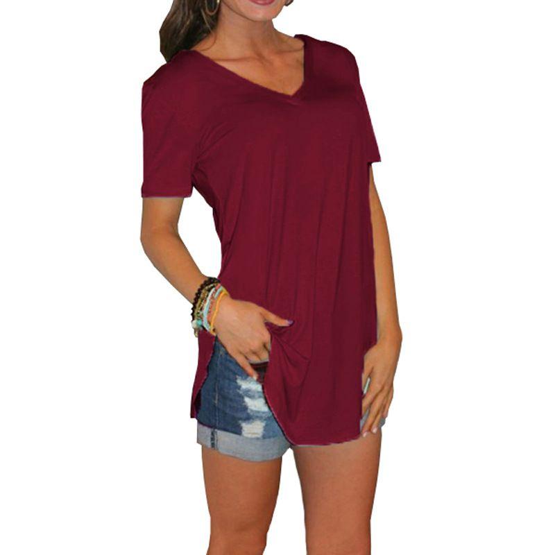 Stylish Women's Short Sleeve V-neck Hem Loose Casual Tee T-shirt For Summer Days